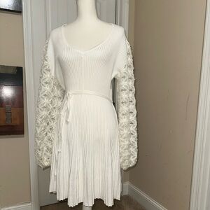 Cato White balloon sleeved sweater dress with belt